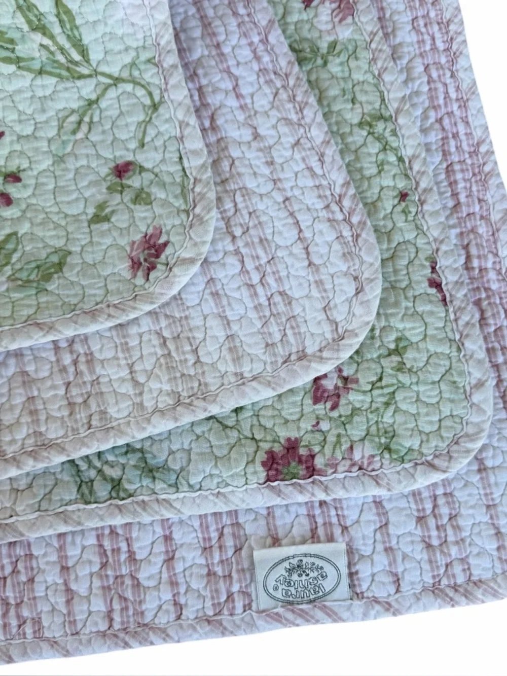 VTG Laura Ashley Reversible Floral Quilt Green Pink Roses Stripes 84x86 FLAWS
